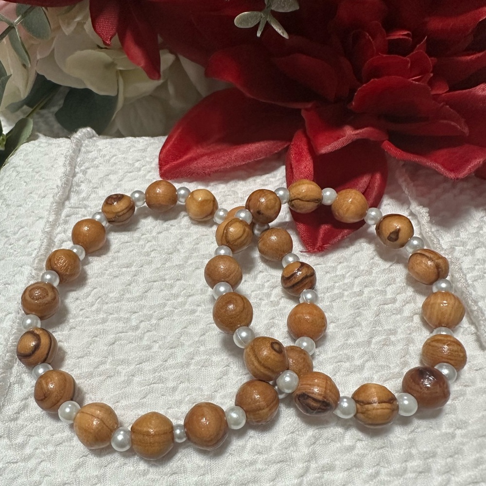 His/Hers Olive Wood Bead Bracelets Handmade
